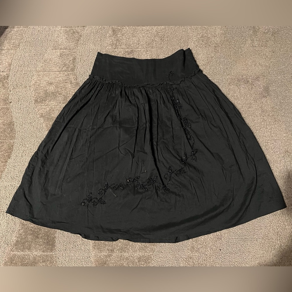 Vintage Passport Midi Skirt All Black Beaded Ruffle Lined Floral Whimsigoth Goth